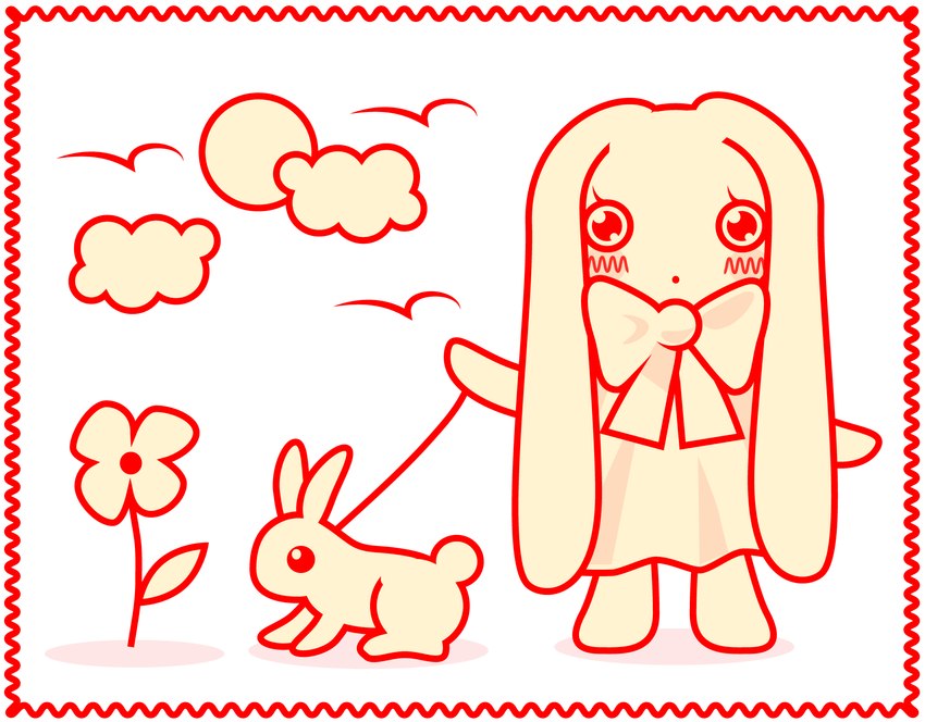 ambiguous_gender anthro blush border chibi clothing cloud domestic_pet dress duo female floppy_ears flower furries_with_pets leash lop_ears neck_bow plant toony white_border yogurt200 rabbitmaiden_softworks lagomorph leporid mammal rabbit hi_res