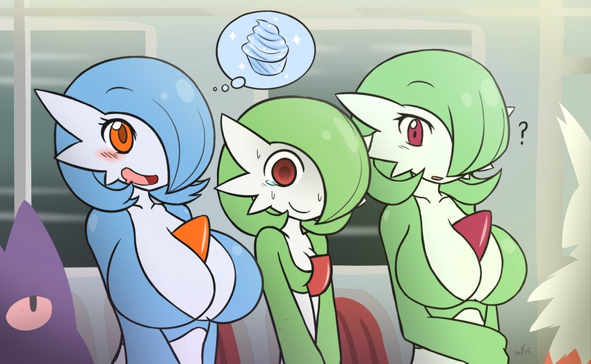 big_breasts blush bodily_fluids breast_envy breasts detailed_background female green_hair group hair not_furry open_mouth question_mark red_eyes smile sweat sweatdrop thought_bubble tongue rakkuguy nintendo pokemon airalin lucy_(jcdr) nougat_(character) gardevoir generation_1_pokemon generation_3_pokemon gengar humanoid pokemon_(species) shiny_pokemon zangoose