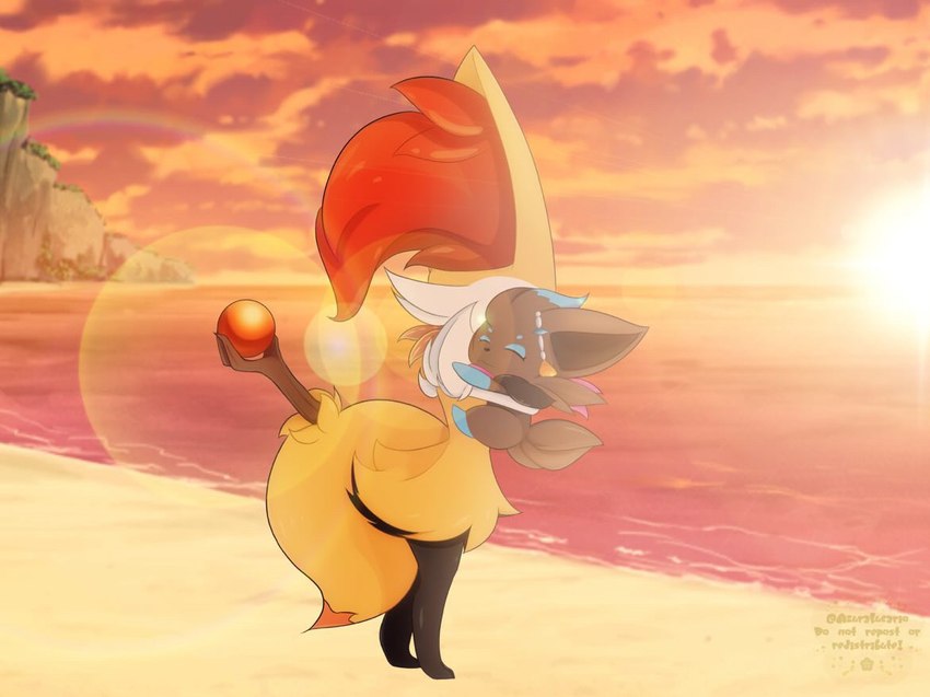 beach duo female male male/female seaside sunset lucazura nintendo pokemon aaron_akio aaron_the_braixen dawn_the_zorua braixen generation_5_pokemon generation_6_pokemon pokemon_(species) zorua