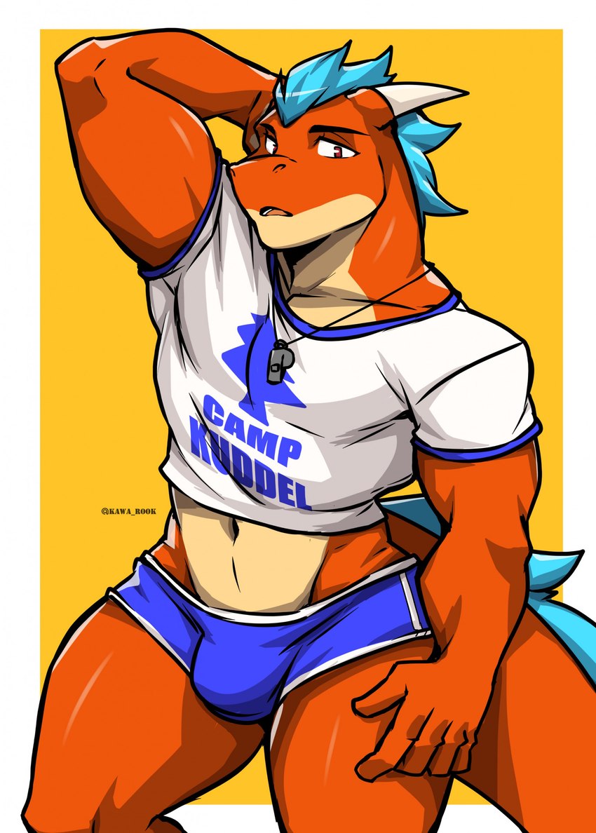 anthro athletic athletic_male blue_bottomwear blue_clothing blue_hair blue_shorts border bottomwear bulge clothed clothing countershade_scales countershade_torso countershading crop_top eyebrows hair hand_behind_head horn hotpants male navel open_mouth orange_body orange_scales outside_border red_eyes scales shirt shorts simple_background snout solo tail tan_body tan_scales text text_on_clothing text_on_shirt text_on_topwear thick_thighs topwear whistle_(object) white_border yellow_background rook_kawa mythology dragon mythological_creature mythological_scalie scalie 2023 artist_name english_text hi_res