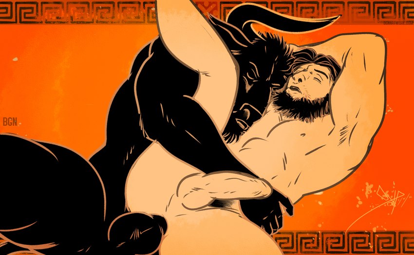 abs anal anal_penetration anthro anthro_penetrating anthro_penetrating_human balls beard black_body black_fur black_hair duo eyes_closed facial_hair from_behind_position fur genitals hair holding_partner horn human_on_anthro human_penetrated interspecies larger_anthro larger_male male male/male male_penetrated male_penetrating male_penetrating_male muscular muscular_anthro muscular_human muscular_male nipples nude open_mouth pecs penetration penis romantic romantic_couple sex size_difference smaller_human smaller_male smaller_penetrated spoon_position spooning bgn european_mythology greek_mythology mythology asterion theseus bovid bovine human mammal minotaur hi_res signature