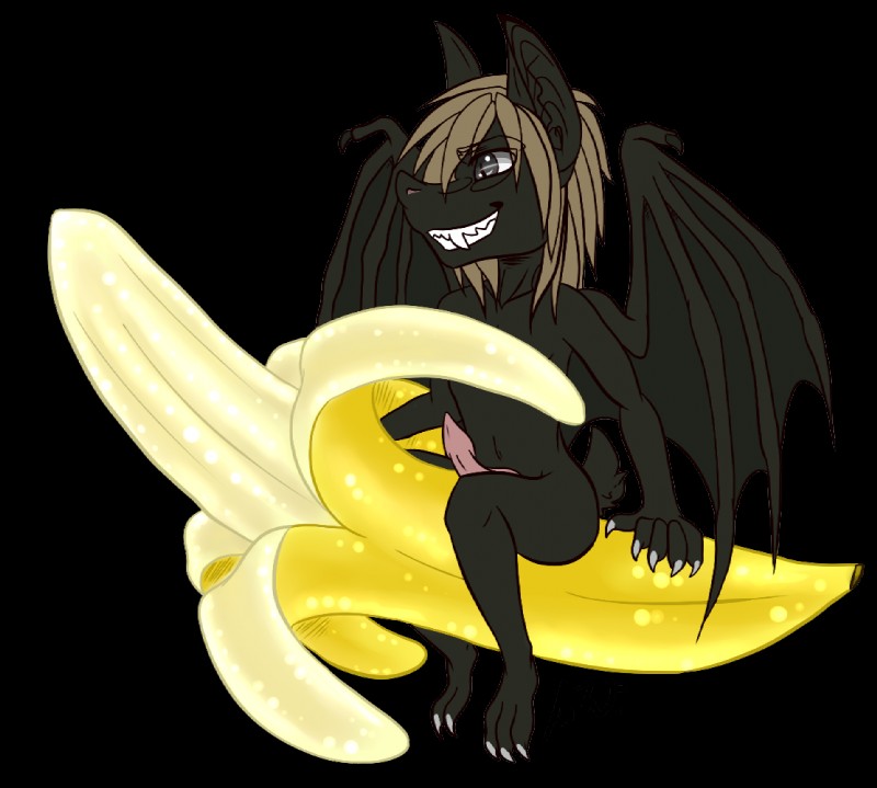 anthro banana brown_hair claws erection fangs feet food fruit genitals grey_eyes hair long_hair male membrane_(anatomy) membranous_wings micro nude penis plant sharp_teeth smile solo straddling teeth wings kiddmutt biobatz bat mammal alpha_channel