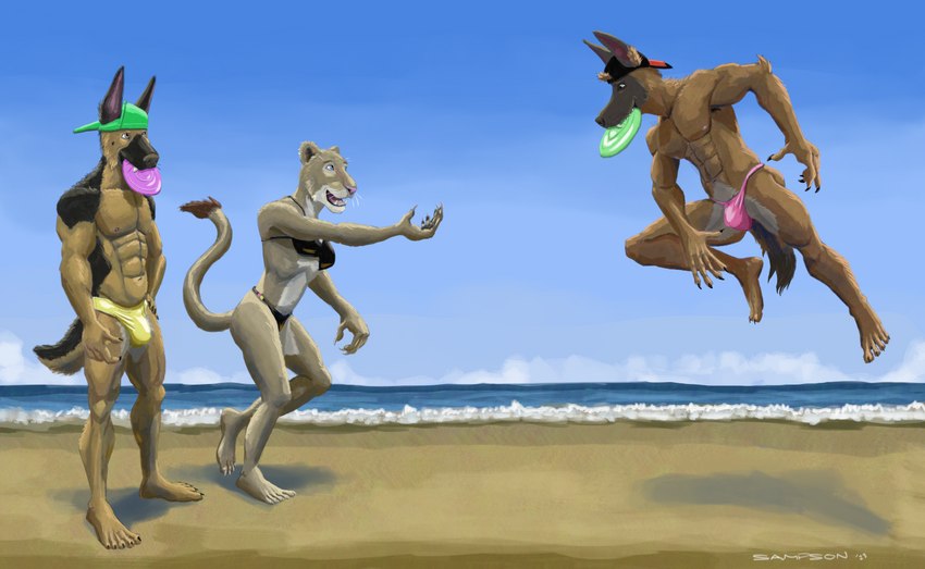 5_fingers 5_toes anthro athletic athletic_anthro athletic_male backwards_baseball_cap backwards_hat barefoot baseball_cap beach bikini bikini_bottom bikini_top black_nose breasts brown_body brown_fur bulge claws clothed clothing fangs feet female finger_claws fingers frisbee frisbee_in_mouth fur group hat headgear headwear humanoid_feet humanoid_hands jumping male multicolored_body multicolored_fur navel nipples open_mouth open_smile outside pecs plantigrade seaside smile speedo swimwear tan_body tan_fur teeth toe_claws toes tongue topless topless_anthro topless_male trio two-piece_swimsuit two_tone_body two_tone_fur white_body white_fur sampsonwoof jacob_caesari marcus_leo_varro sarah_maroc canid canine canis domestic_dog felid german_shepherd herding_dog lion malinois_dog mammal pantherine pastoral_dog sheepdog 2023 signature story story_in_description