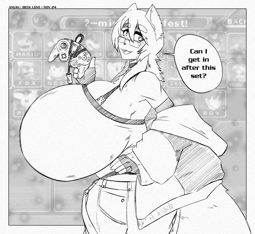 big_breasts breasts clothing controller eyebrows eyewear female game_controller glasses hoodie huge_breasts hyper hyper_breasts looking_at_viewer side_view solo thick_eyebrows topwear anuki nintendo super_smash_bros. beck_love ailurid mammal red_panda 2024 hi_res