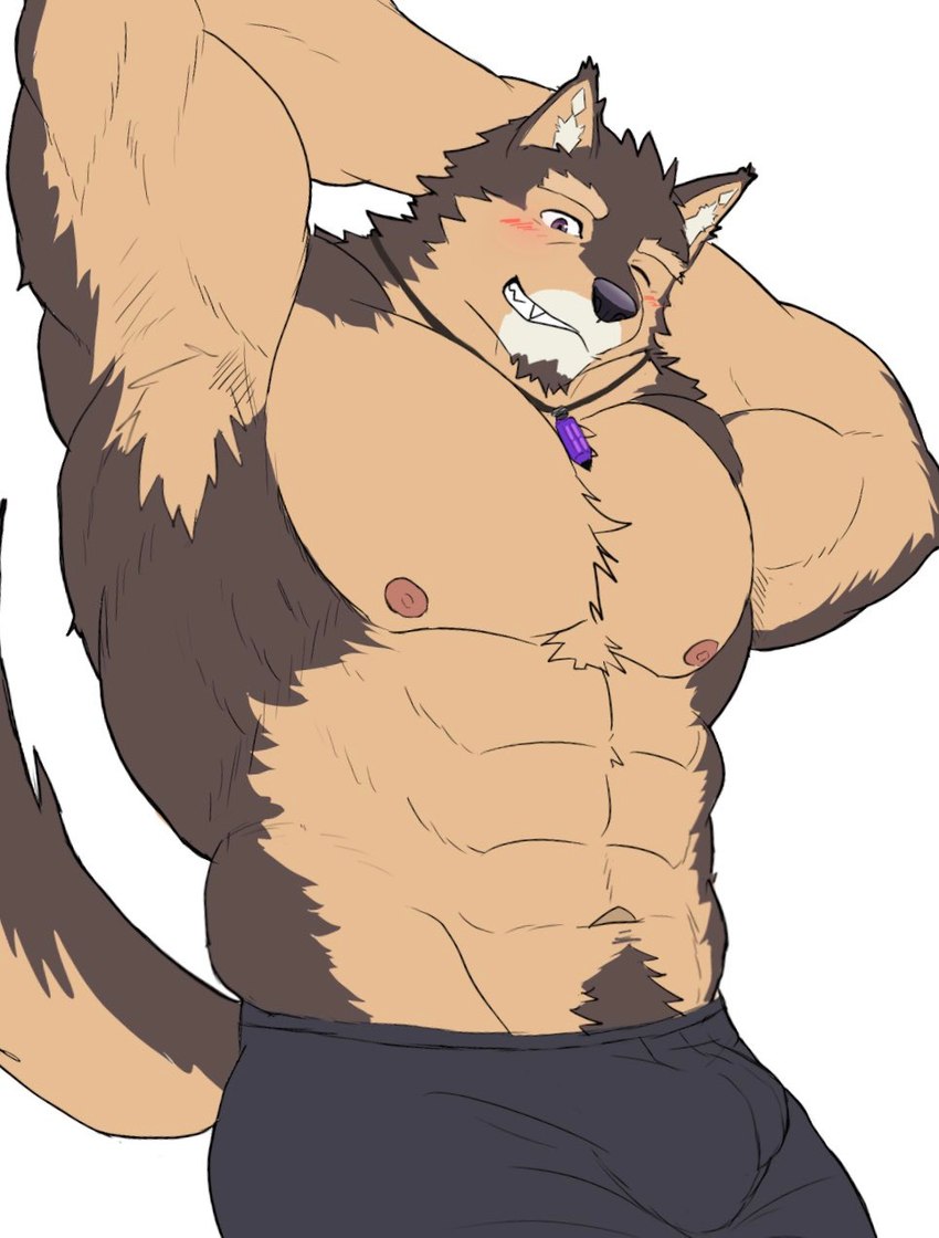 abs anthro barazoku blush brown_body brown_fur bulge fur male muscular muscular_anthro muscular_male navel one_eye_closed pecs shirtless solo wink nikukyu299paw lifewonders live_a_hero pubraseer canid canine canis domestic_dog mammal hi_res