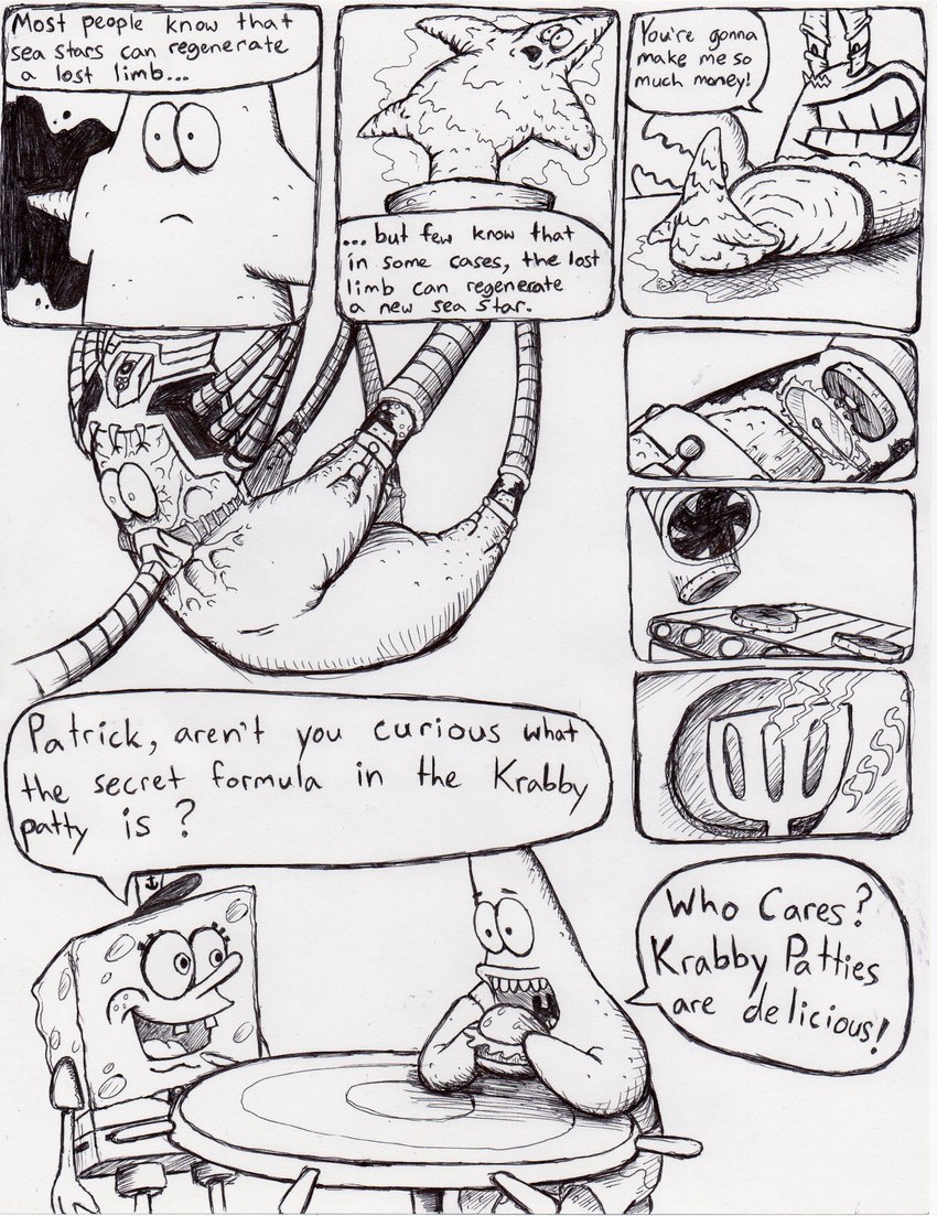 blood bodily_fluids bound burger dialogue eating food frown furniture gore machine male pupils smile table teeth text stillinthesimulation nickelodeon spongebob_squarepants mr._krabs patrick_star spongebob_squarepants_(character) arthropod asterozoan crab crustacean decapoda echinoderm malacostracan marine starfish absurd_res comic english_text hi_res