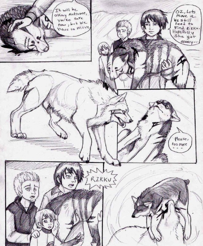 ambiguous_gender dialogue digitigrade feral group male quadruped tail text natsumewolf rikku wolf's_rain wolf's_rain_next_generation coop_(wrng) natsume_(wrng) oz_(wrng) canid canine canis human mammal wolf comic english_text greyscale monochrome