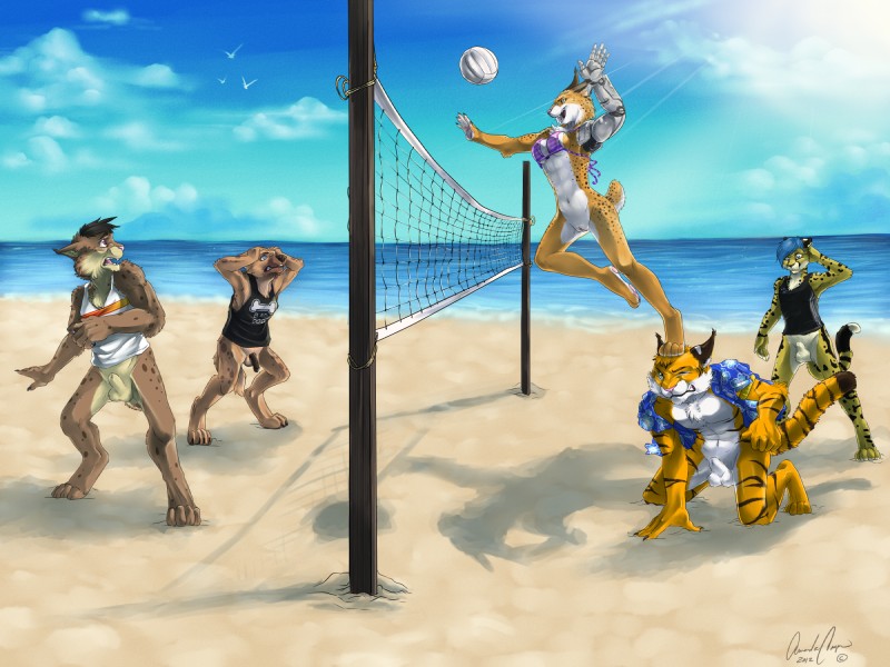 animal_genitalia anthro ball balls beach beach_volleyball blue_hair bottomless brown_balls casual_exposure circumcised clothed clothing detailed_background female flaccid fully_sheathed genitals group hair humanoid_genitalia humanoid_penis male net open_clothing open_shirt open_topwear outside partially_clothed penis pussy sand seaside sheath shirt sky sport sun topwear volleyball volleyball_(ball) volleyball_net water white_balls white_sheath yellow_balls yellow_sheath blizzieart alexeji letigre lysander_(eltigero) nuathu_(character) vaskan_(character) avian bird cheetah felid feline gull hybrid hyena king_cheetah lari larid lynx mammal pantherine spotted_hyena tiger 2012 4:3 digital_media_(artwork) hi_res