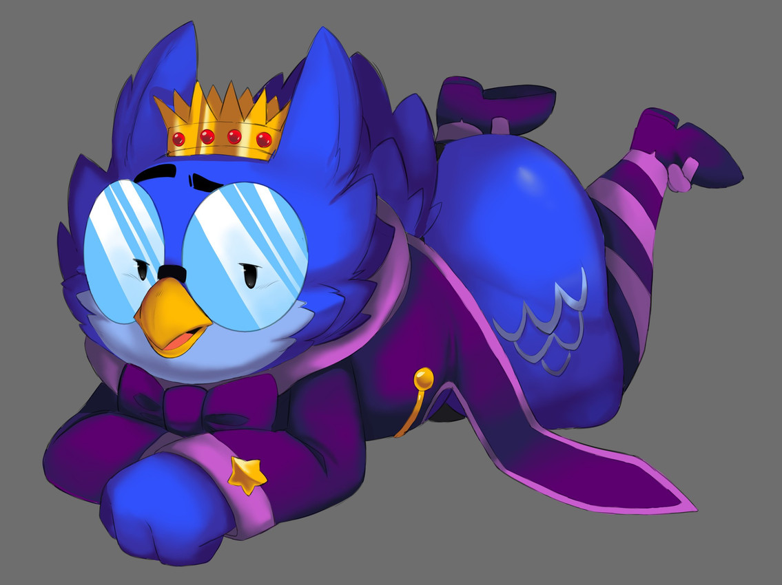 anthro beak blue_body blue_feathers butt clothing crown drmbloodmoon eyewear feathers flirting_look glasses headgear legwear male nerd pattern_clothing pattern_legwear solo stockings striped_clothing striped_legwear stripes thong underwear wings kings_of_hell stolas_(kings_of_hell) avian bird demon owl hi_res