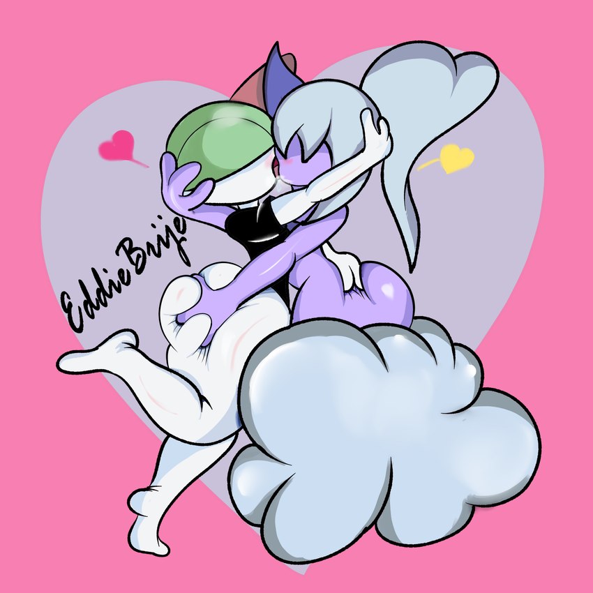 anthro big_butt blush butt butt_grab clothed clothing cloud duo female female/female french_kissing hand_on_butt kissing not_furry simple_background wide_hips eddiebrije nintendo palworld pocketpair pokemon air_creature air_humanoid cloud_humanoid dazzi_(pal) elemental_creature elemental_humanoid generation_3_pokemon humanoid living_cloud pal_(species) pokemon_(species) ralts 1:1 2024 absurd_res digital_media_(artwork) hi_res