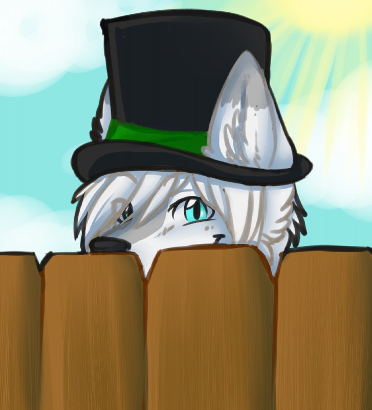 anthro bangs black_nose blue_eyes clothing dipstick_ears ear_markings eye_through_hair fence fur grey_body grey_fur hair hat headgear headwear inner_ear_fluff looking_at_viewer multicolored_ears simple_background sky smile solo top_hat translucent translucent_hair tuft oneiros~ home_improvement dark_nz wilson_w._wilson_jr. arctic_fox canid canine fox mammal true_fox 2014 digital_drawing_(artwork) digital_media_(artwork)