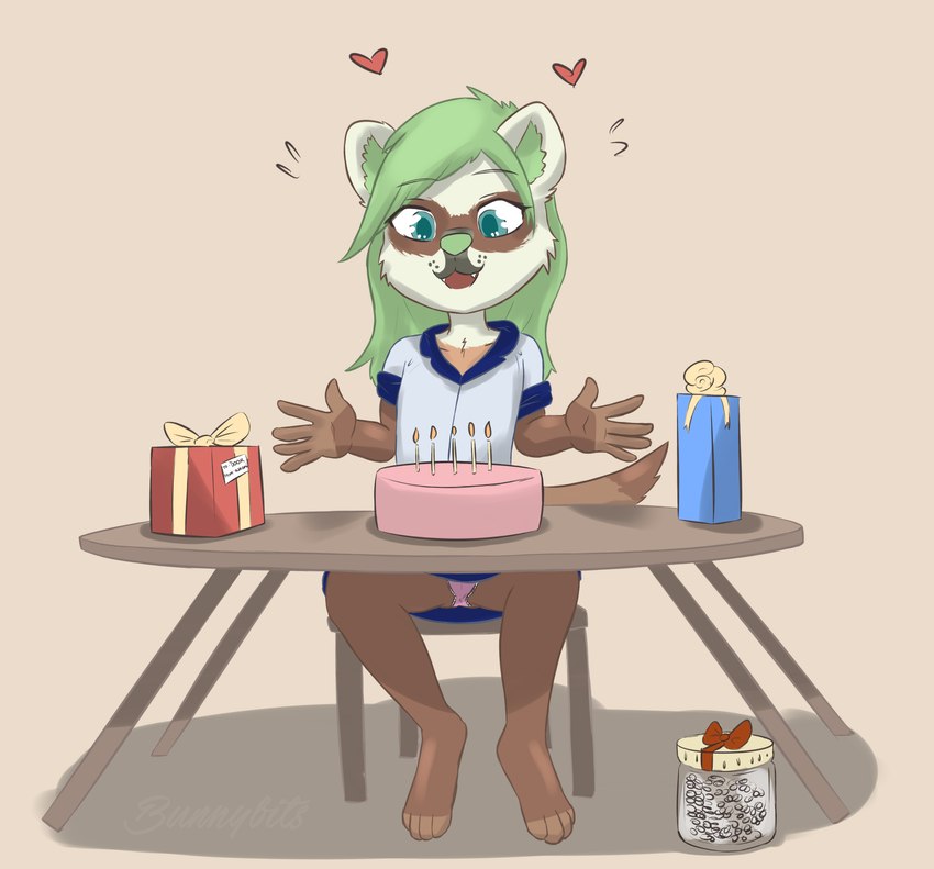 4_fingers 5_fingers anthro biped birthday_cake birthday_gift blue_eyes blue_gift bottomwear cake camel_toe candle cheek_tuft clothed clothing container dessert facial_tuft fangs female fingers food frilly frilly_clothing frilly_panties frilly_underwear fur furniture gift green_hair green_inner_ear green_nose hair happy heart_symbol jar multicolored_body multicolored_fur open_mouth panties pink_clothing pink_panties pink_underwear red_gift sitting skirt solo table teeth topwear tuft underwear upskirt young young_anthro young_female bunnybits conditional_dnp dook_(lildooks) domestic_ferret mammal mustelid musteline true_musteline weasel 2017 absurd_res digital_media_(artwork) hi_res shaded