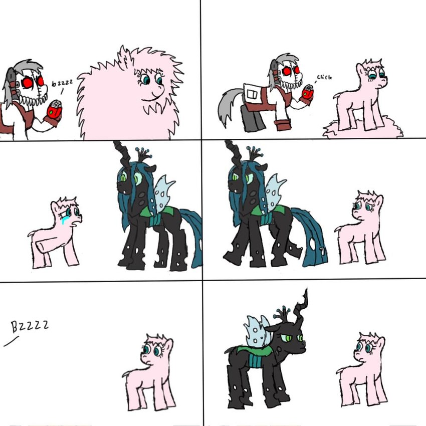 angry bald bodily_fluids female feral fluffy fluffy_body fur group male sad tears trio cyberagent369 friendship_is_magic hasbro my_little_pony fan_character fluffle_puff queen_chrysalis_(mlp) arthropod changeling earth_pony equid equine horse mammal pony 1:1 2012 comic