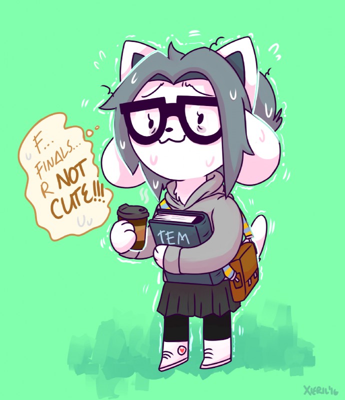 anthro bag beverage bodily_fluids book bottomwear clothing coffee college eyewear female food glasses green_background grey_hair hair humor school simple_background skirt solo sweat the_truth tired xieril undertale undertale_(series) temmie_(undertale) mammal tem 2016 hi_res