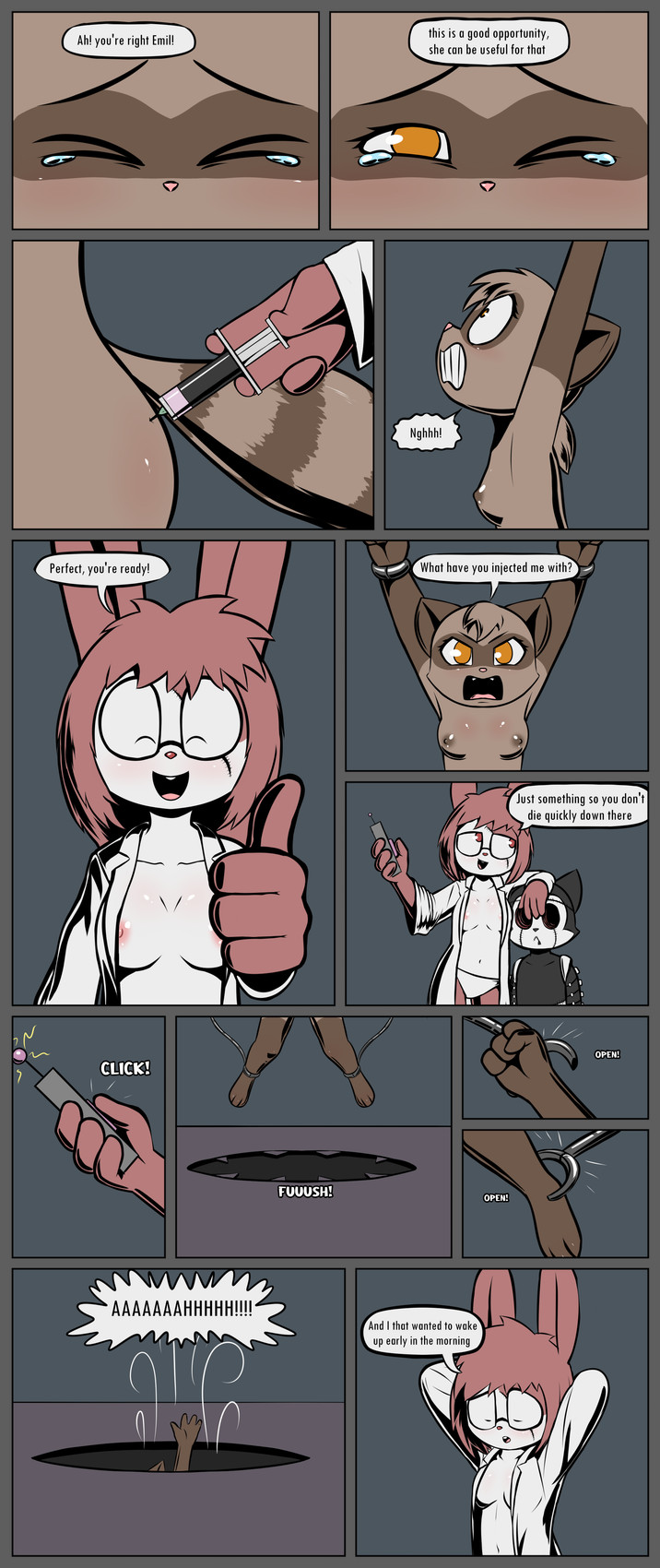 4_fingers anthro areola areola_slip bodily_fluids bound breasts butt clothed clothing controller cute_fangs cybernetics eyewear fangs female fingers forced gesture glasses group hand_gesture helpless imminent_death machine male mechanical_arm nipples nude pain panties partially_clothed peril pushbutton remote_control restrained screaming side_boob size_difference syringe tears teeth text thumbs_up trio underwear wince e254e dr._emilia_(e254e) emil_(e254e) canid canine cyborg fox lagomorph leporid mammal procyonid rabbit raccoon absurd_res english_text hi_res