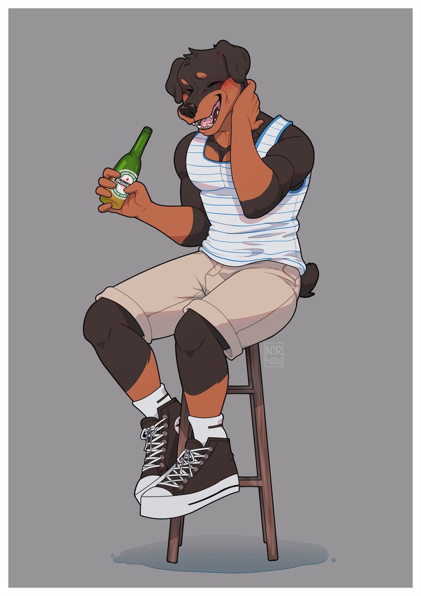 anthro bar_stool beer_bottle beverage biped black_clothing black_footwear black_nose black_shoes blush blush_lines border bottle bottomwear chair clothed clothing confusion container docked_tail eyes_closed fangs floppy_ears footwear fully_clothed furniture grey_background grey_bottomwear grey_clothing grey_shorts hand_on_neck head_tuft holding_bottle holding_container holding_object male muscular muscular_anthro muscular_male on_chair pattern_clothing pattern_shirt pattern_tank_top pattern_topwear pink_tongue shirt shoelaces shoes short_tail shorts simple_background sitting sitting_on_stool sneakers socks solo stool striped_clothing striped_shirt striped_tank_top striped_topwear stripes tail tank_top teeth tongue topwear tuft white_clothing white_footwear white_shirt white_socks white_tank_top white_topwear nir_here chuck_taylor_all_stars converse heineken donovan_the_rottie canid canine canis domestic_dog mammal mastiff molosser rottweiler himbo digital_media_(artwork) full-length_portrait hi_res portrait nonbinary_(lore)