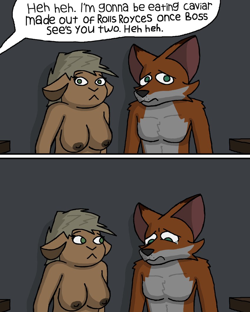 1940s_theme anthro bodily_fluids breasts dark_lighting dialogue duo female male nipples nude pecs sad snout tears text tomboy worried myaxy annabelle_o'malley terrence_grant bovid canid canine caprine fox mammal sheep 4:5 absurd_res comic english_text hi_res