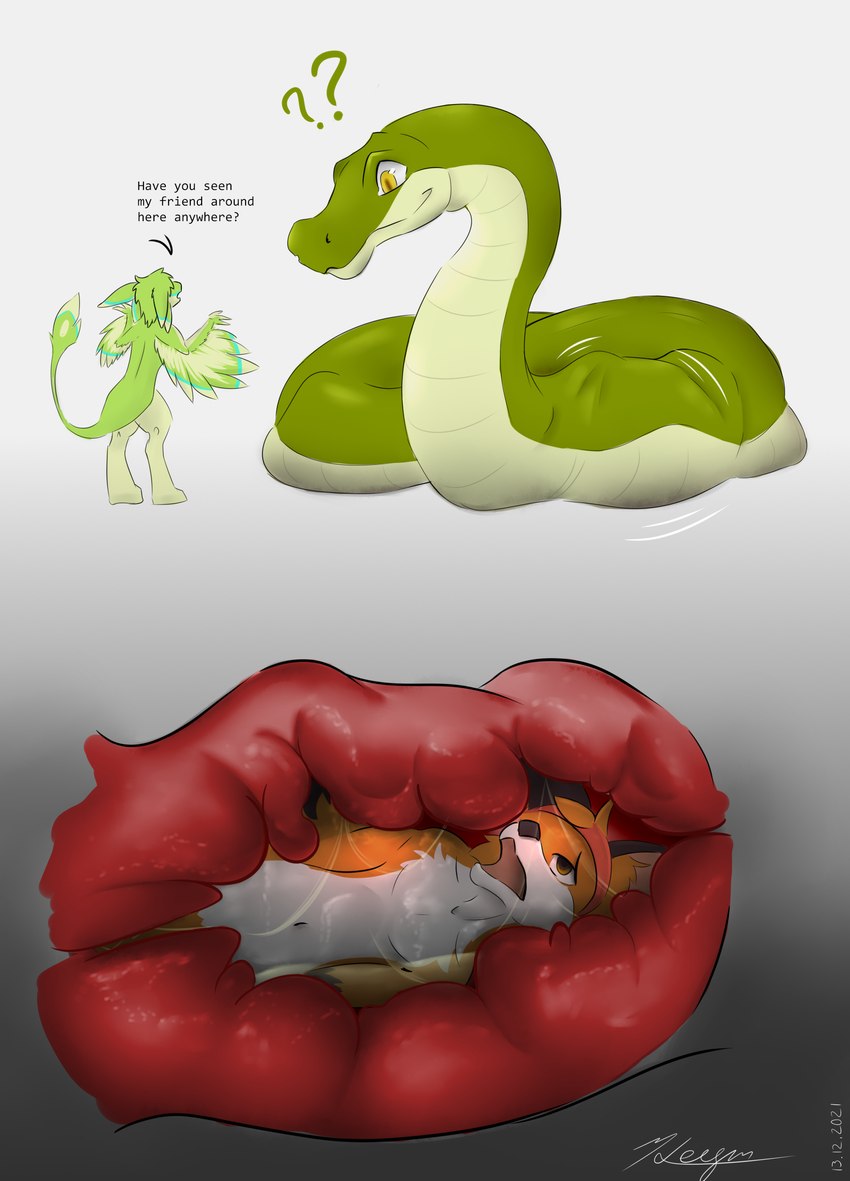 4_ears abdominal_bulge anthro belly bodily_fluids feathers fur group internal keym male multi_ear oral_vore simple_background size_difference soft_vore text vore wings keymzx avali canid canine fox mammal reptile scalie snake absurd_res digital_media_(artwork) english_text hi_res