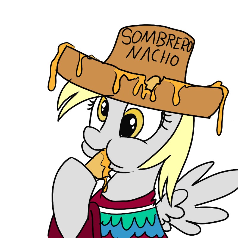 cheese clothing dairy_products feathered_wings feathers female food grey_body grey_feathers hat headgear headwear liquid_cheese nachos nom om_nom_nom poncho simple_background solo sombrero white_background wings unknown_artist friendship_is_magic hasbro my_little_pony mythology derpy_hooves_(mlp) equid equine mammal mythological_creature mythological_equine pegasus 1:1