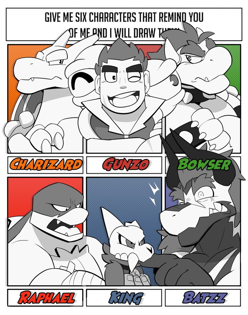 anthro armband asymmetrical_horns bite bone broken_horn clothing collar crossed_arms eyebrows group hair horn male one_eye_closed open_mouth skull skull_head spiked_armband spiked_collar spikes teeth hikazedragon bushiroad disney future_card_buddyfight lifewonders mario_bros mythology nintendo pokemon six_fanarts_challenge teenage_mutant_ninja_turtles the_owl_house tokyo_afterschool_summoners bowser demon_lord_dragon_batzz gunzo_(tas) king_clawthorne raphael_(tmnt) canid canid_demon canine charizard demon dragon generation_1_pokemon human koopa mammal mythological_creature mythological_scalie pokemon_(species) reptile scalie titan_(the_owl_house) turtle crossover hi_res meme