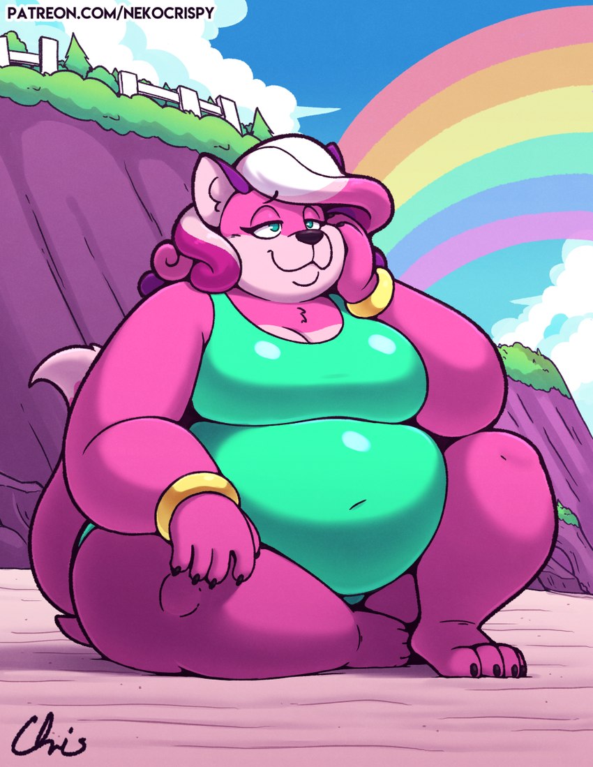 anthro beach clothing female obese one-piece_swimsuit overweight overweight_female solo swimwear nekocrispy super_lesbian_animal_rpg melody_amaranth canid canine fox mammal trans_(lore) trans_woman_(lore)