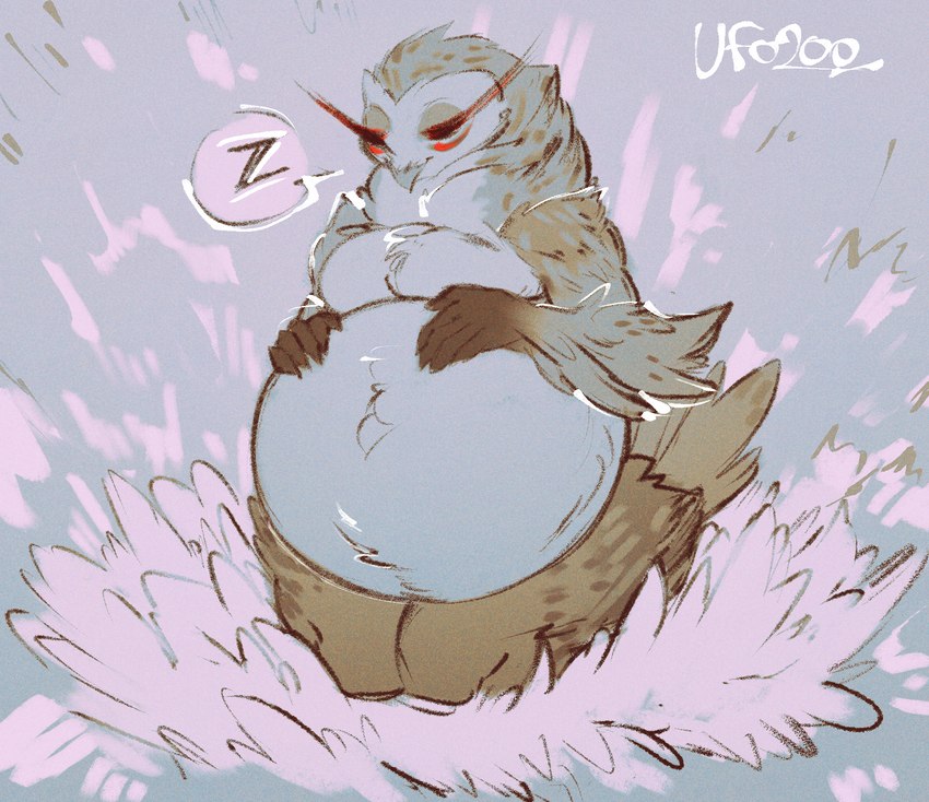 5_fingers anthro beak belly big_belly breasts brown_body cheek_tuft cozy curvy_figure eyelashes eyeliner eyes_closed facial_tuft fanned_tail_tip feather_markings feathers feet female fingers fluffy fluffy_tail front_view furniture grass grey_background grey_eyes hand_on_belly hands_on_stomach happy hay highlights_(coloring) kneeling kneeling_on_ground kneeling_position long_eyelashes looking_down makeup markings minimal_color navel nest nesting nipples plant plumage pose pregnant pregnant_anthro pregnant_female red_makeup resting simple_background sitting sleeping smile solo sound_effects speckled_body speech_bubble spots spotted_body spotted_feathers tail talons tan_body tan_feathers thick_eyelashes thick_thighs toes tuft vowelless vowelless_sound_effect yellow_beak zzz ufo200 hou_suyin_(icecreamcoconuts) avian barn_owl bird eastern_barn_owl owl tyto tytonid 2023 colored digital_drawing_(artwork) digital_media_(artwork) full-length_portrait hi_res portrait shaded signature