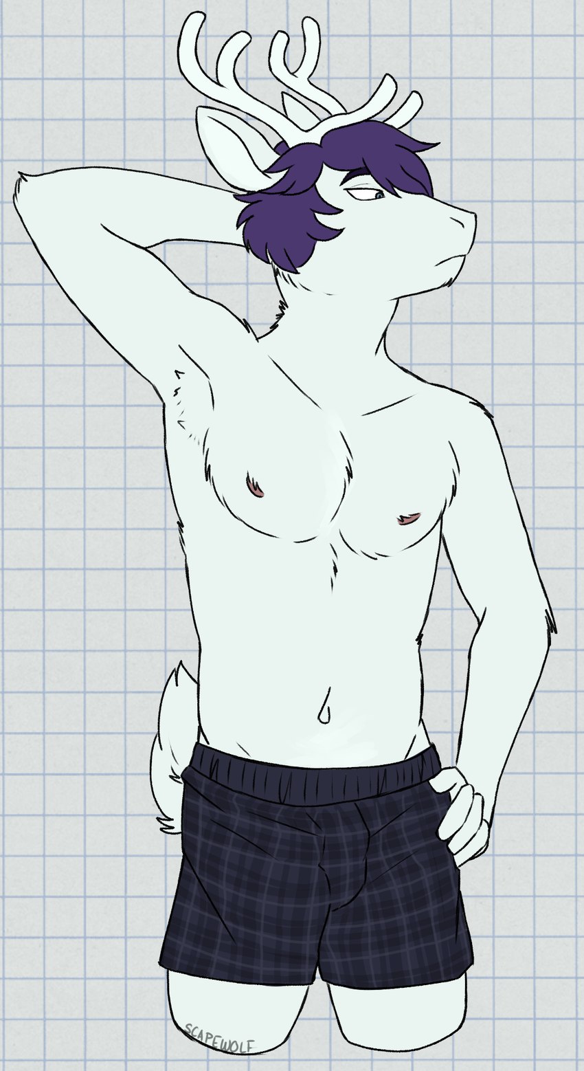 anthro antlers armpit_hair belly biped blue_eyes body_hair boxers_(clothing) boxers_only checkered checkered_background clothed clothing hair hand_behind_head hand_on_leg hand_on_thigh horn looking_aside male male_anthro multicolored_body navel nipples partially_clothed partially_clothed_male pattern_background pink_nipples purple_boxers purple_clothing purple_hair purple_underwear short_tail simple_background slim solo standing tail topless underwear underwear_only white_antlers white_background white_inner_ear white_sclera unsafescapewolf 9:22_(visual_novel) kurt_(9:22) deer mammal 2024 digital_drawing_(artwork) digital_media_(artwork) hi_res portrait three-quarter_portrait