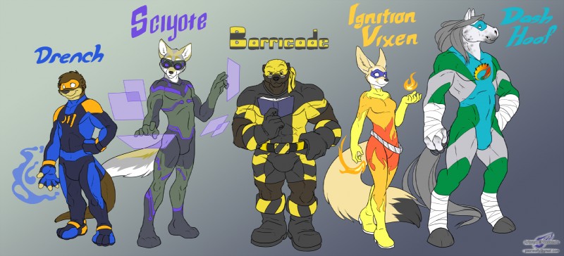 abs anthro belt biceps black_nose book boots breasts bulge clothing eyewear female fire footwear glasses grey_hair group hair hooves long_hair male mask muscular pecs shoes superhero superpower tail text water wolfblade barricade_(character) dash_hoof_(character) drench_otter_(character) ignition_vixen_(character) sciyote_(character) badger canid canine canis coyote equid equine fox honey_badger horse mammal mustelid musteline otter hi_res url