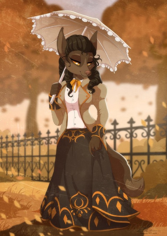 5_fingers anthro autumn breasts brown_hair clothed clothing day detailed_background dress eyebrows eyelashes female fence fingers grass hair metal_fence outside pigtails plant sky smile solo tree umbrella dvixie canid canine canis domestic_dog mammal 2019 digital_media_(artwork) hi_res