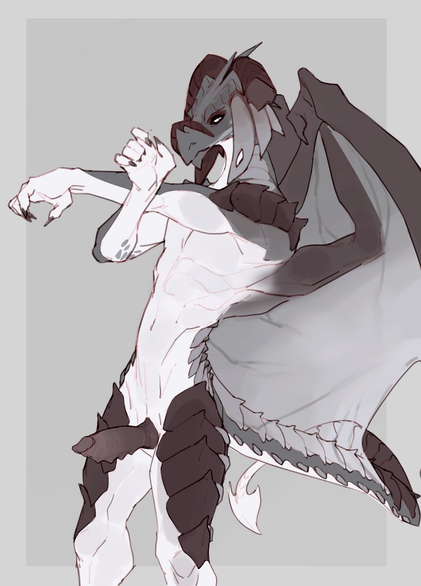 anthro broken_horn claws frill_(anatomy) genitals horn looking_at_viewer male penis scales solo spikes spikes_(anatomy) tail wings lost-paw mythology kanapae_(lupinator) dragon mythological_creature mythological_scalie scalie absurd_res greyscale hi_res monochrome