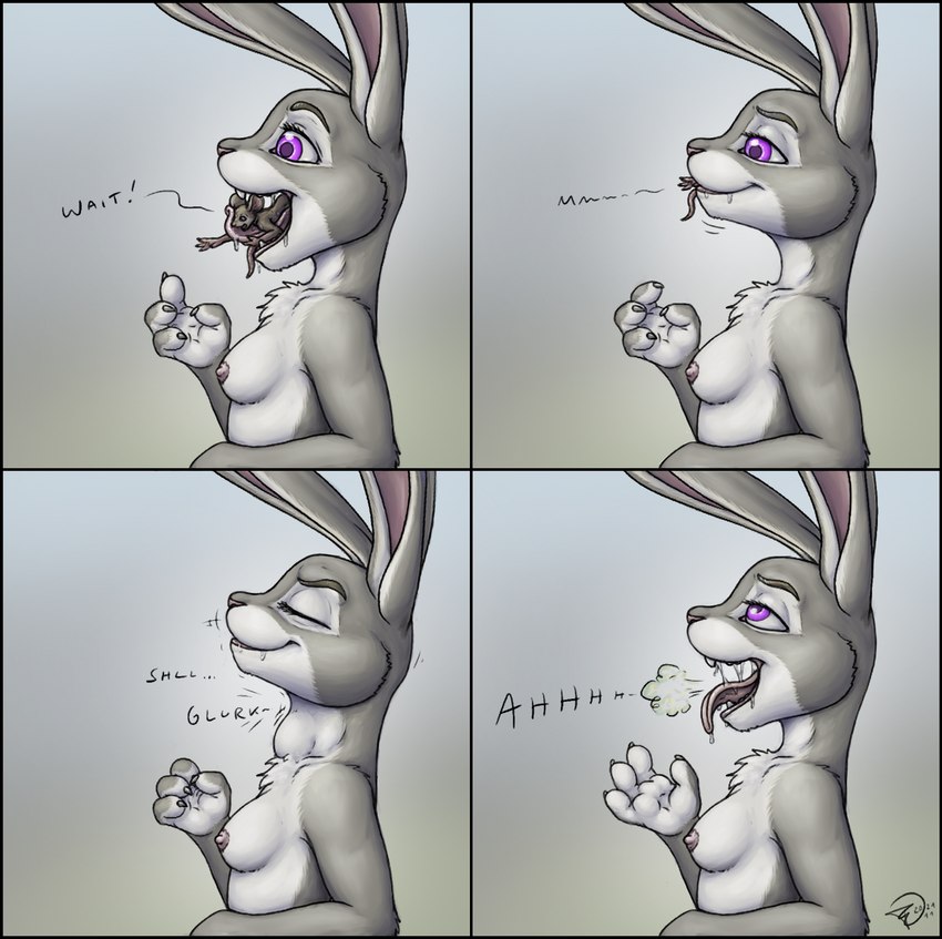 4_fingers almost_fully_inside anthro anthro_pred areola breasts dialogue duo extreme_size_difference eyebrows eyes_closed female fingers fully_inside long_ears micro nipples nude open_mouth partially_inside purple_eyes side_view simple_background size_difference smile text vore forceswerwolf disney zootopia judy_hopps lagomorph leporid mammal mouse murid murine rabbit rodent 2021 absurd_res comic digital_media_(artwork) english_text hi_res