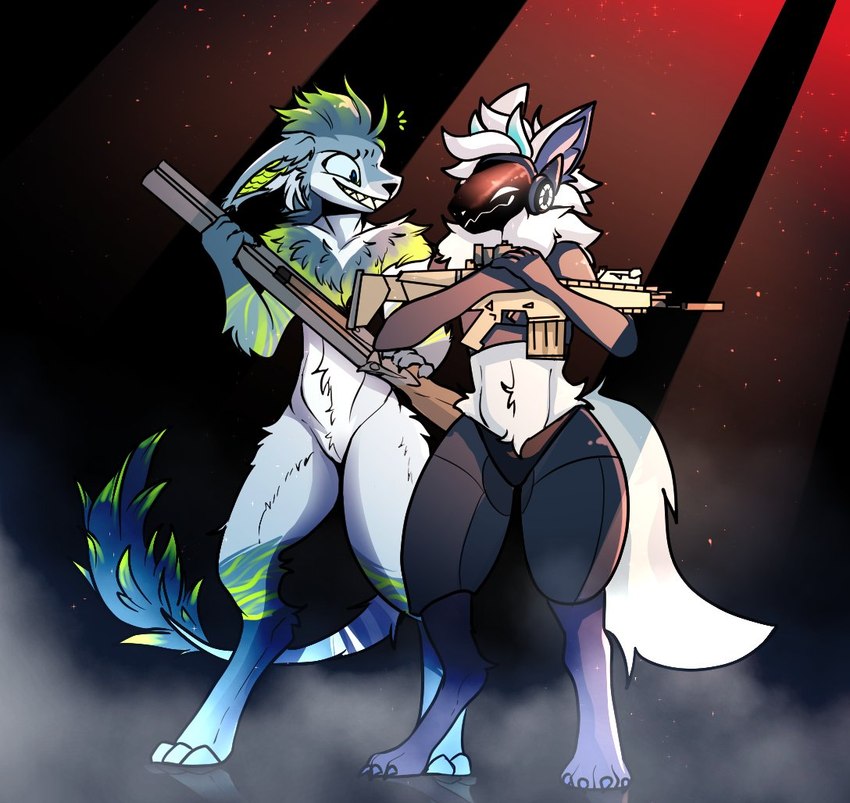 anthro blue_body blue_eyes blue_fur duo fur green_markings gun machine male markings ranged_weapon smile weapon gatotacato akachi raxis protogen vernid