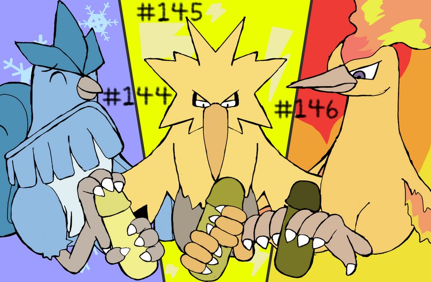 ambiguous_gender beak erection feathers feet feral fire foot_fetish foot_play footjob genitals group hashtag id_number legendary_birds legendary_trio male number penis sex talonjob talons text toes secretsableye nintendo pokemon articuno generation_1_pokemon legendary_pokemon moltres pokemon_(species) zapdos digital_media_(artwork) hi_res