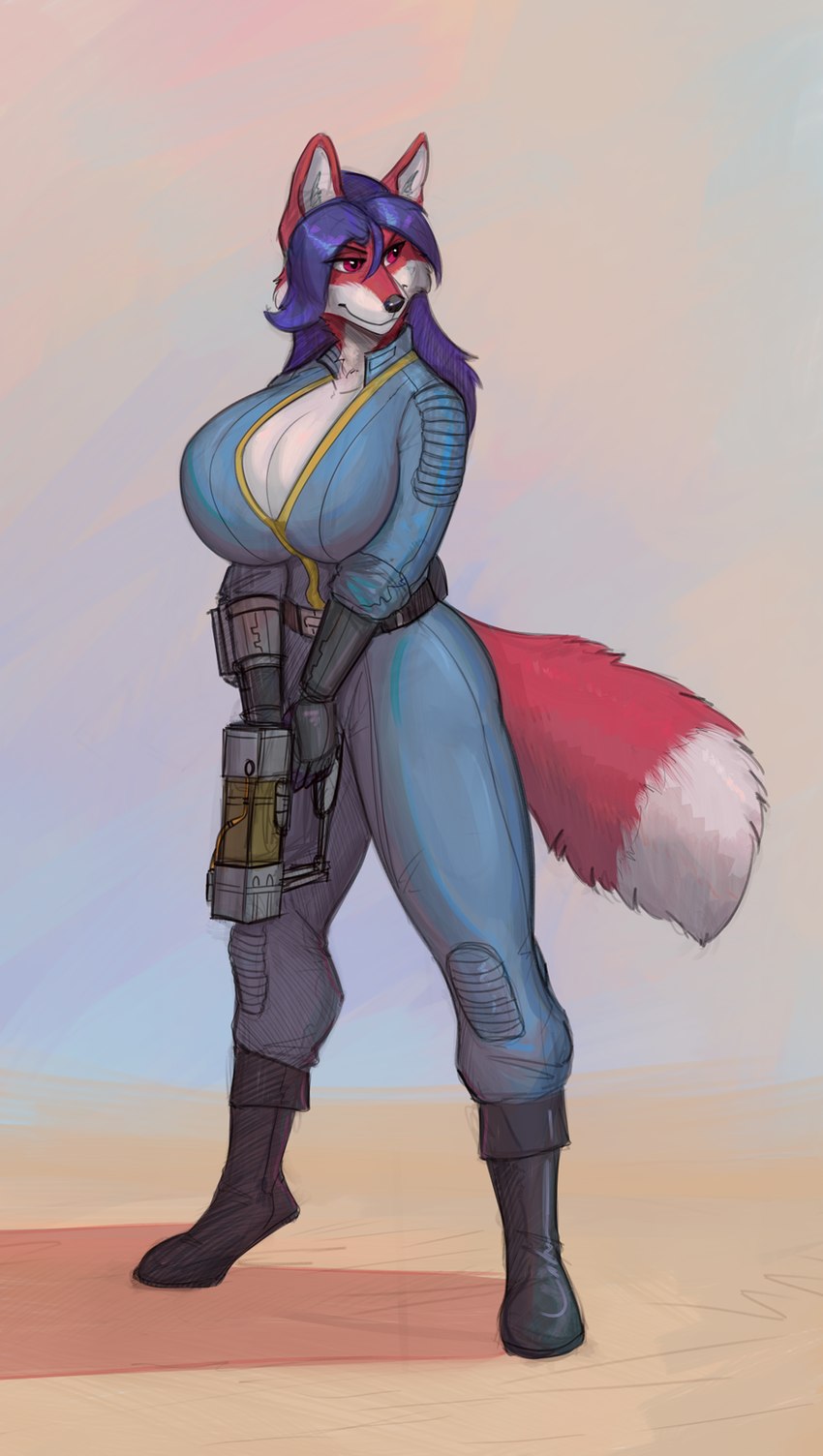 anthro big_breasts blue_hair breasts cleavage clothed clothing female fur hair holding_object holding_weapon huge_breasts jumpsuit laser_gun ranged_weapon red_body red_eyes red_fur solo unzipped_jumpsuit vault_suit weapon white_body white_fur mortarionlordofdeath fallout microsoft rexi_awoosuko_(devildjmachine) canid canine fox mammal hi_res