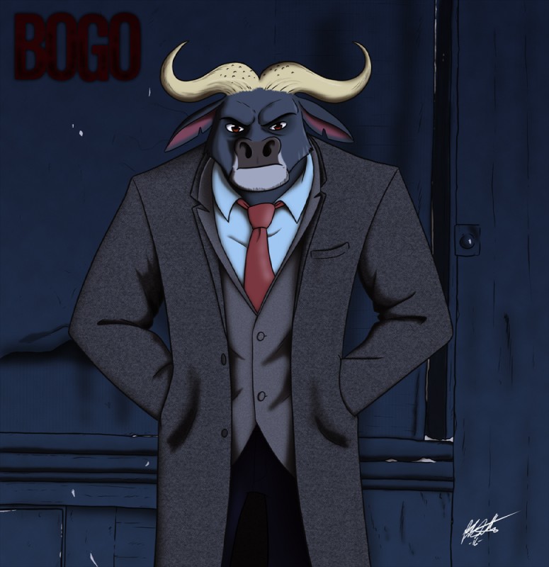 angry anthro black_nose bottomwear clothed clothing coat fur grey_body grey_fur horn male necktie pants red_eyes shirt solo tan_horn topwear trenchcoat vest shingallon disney zootopia chief_bogo bovid bovine cape_buffalo mammal