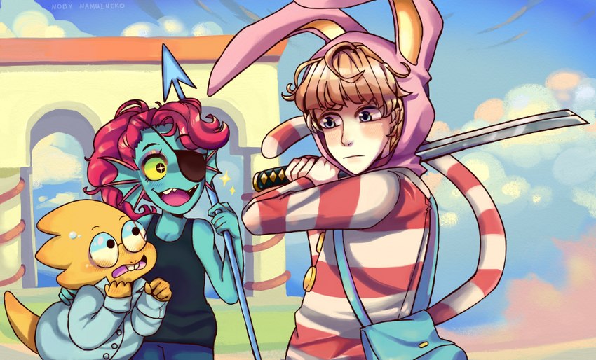 alphys, popee, and undyne (popee the performer and etc) created by buskira