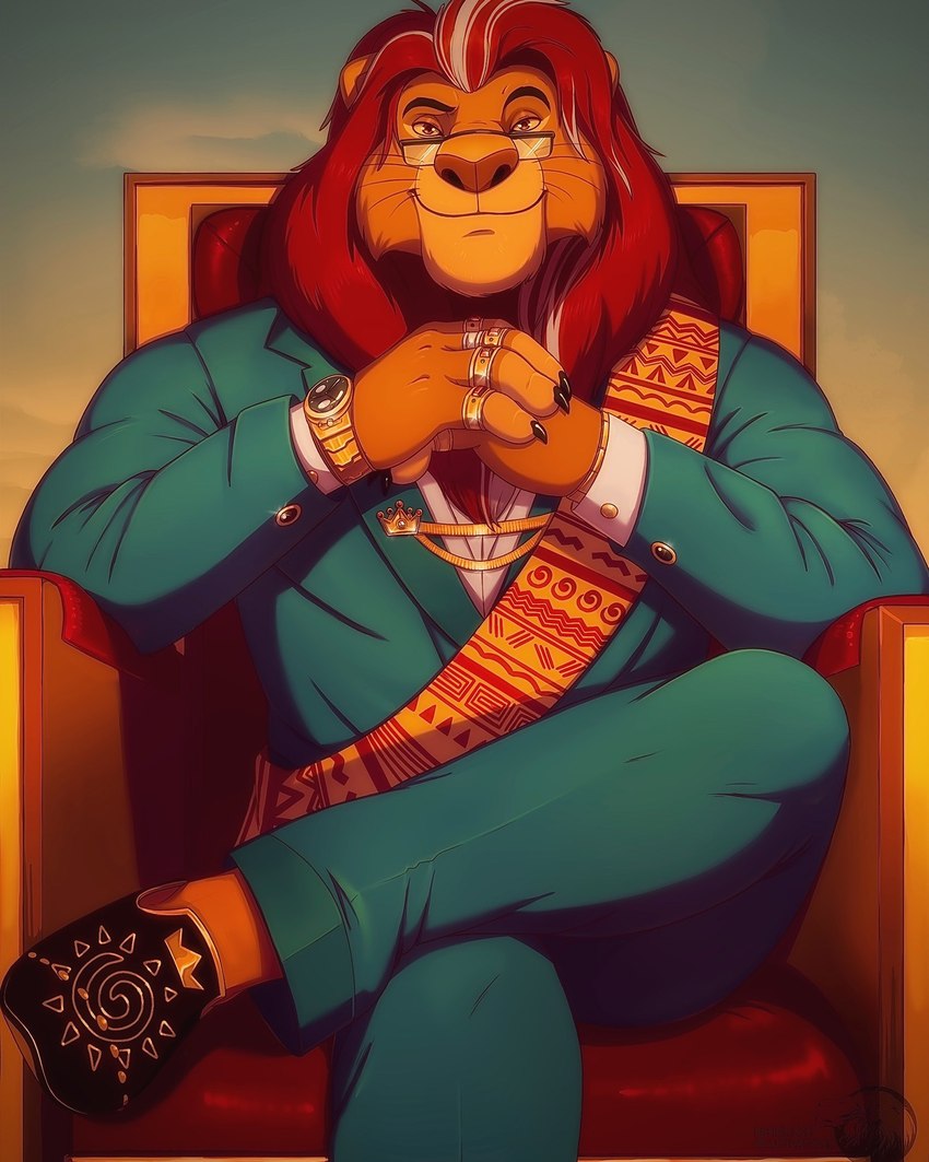 anthro anthrofied black_clothing black_footwear black_shoes chair clock clothed clothing eyewear footwear fully_clothed furniture glasses male mane ring sash sitting smile solo suit watch knuxlight disney the_lion_king mufasa felid lion mammal pantherine hi_res