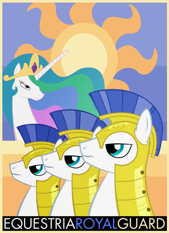 female feral group horn male poster poster_template princess propaganda royalty sun equestria-election friendship_is_magic hasbro my_little_pony princess_celestia_(mlp) royal_guard_(mlp) equid equine horse mammal pony hi_res