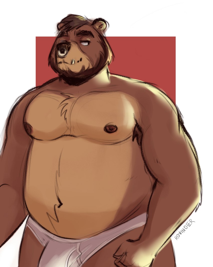 anthro belly briefs brown_body bulge clothing facial_piercing humanoid_hands male moobs navel nipples nose_piercing nose_ring overweight overweight_male piercing ring_piercing simple_background solo underwear rovindeer gabriel_(rovindeer) bear mammal 2020 absurd_res hi_res