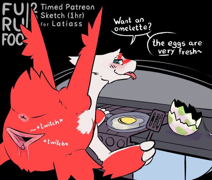 cooking egg female gaping gaping_pussy genitals omelette oviposition_cooking presenting pussy teasing text furufoo nintendo pokemon latiass_(character) generation_3_pokemon latias legendary_pokemon pokemon_(species) english_text