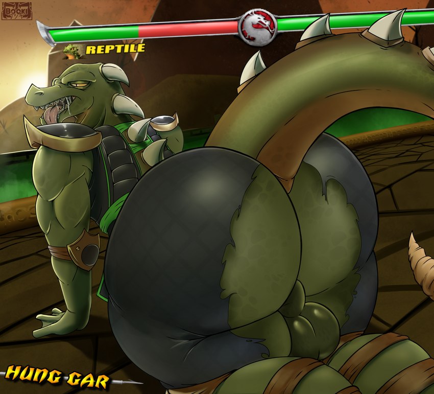 anthro balls butt clothed clothing gameplay_mechanics genitals green_body male presenting presenting_hindquarters raised_tail tail tongue tongue_out torn_clothing el_booki mortal_kombat reptile_(mortal_kombat) scalie absurd_res hi_res