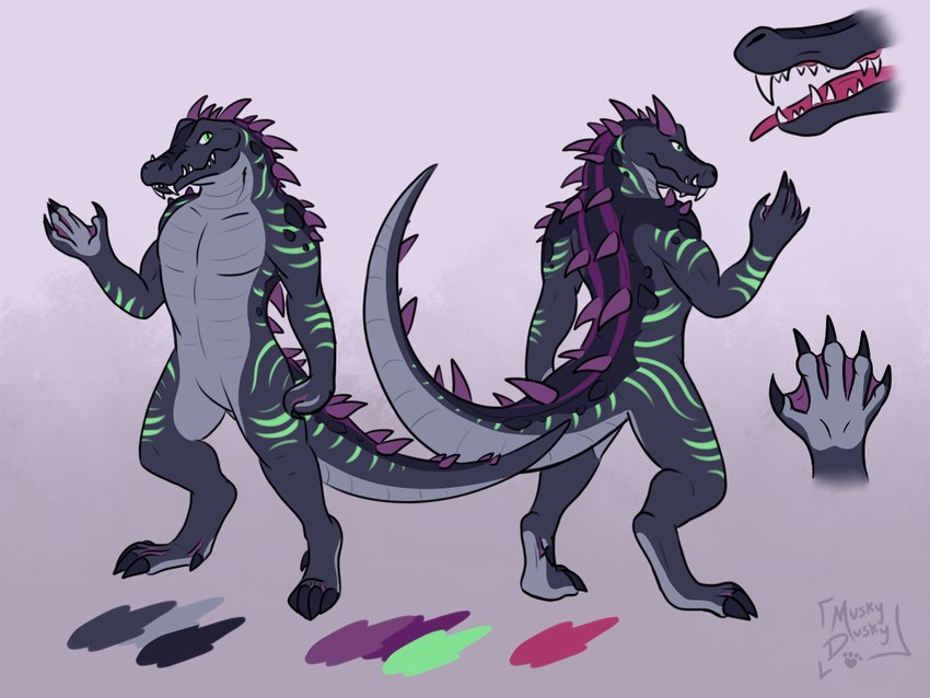 anthro digitigrade male open_mouth shirtless spikes muskydusky crocodile crocodilian reptile scalie 4:3 model_sheet