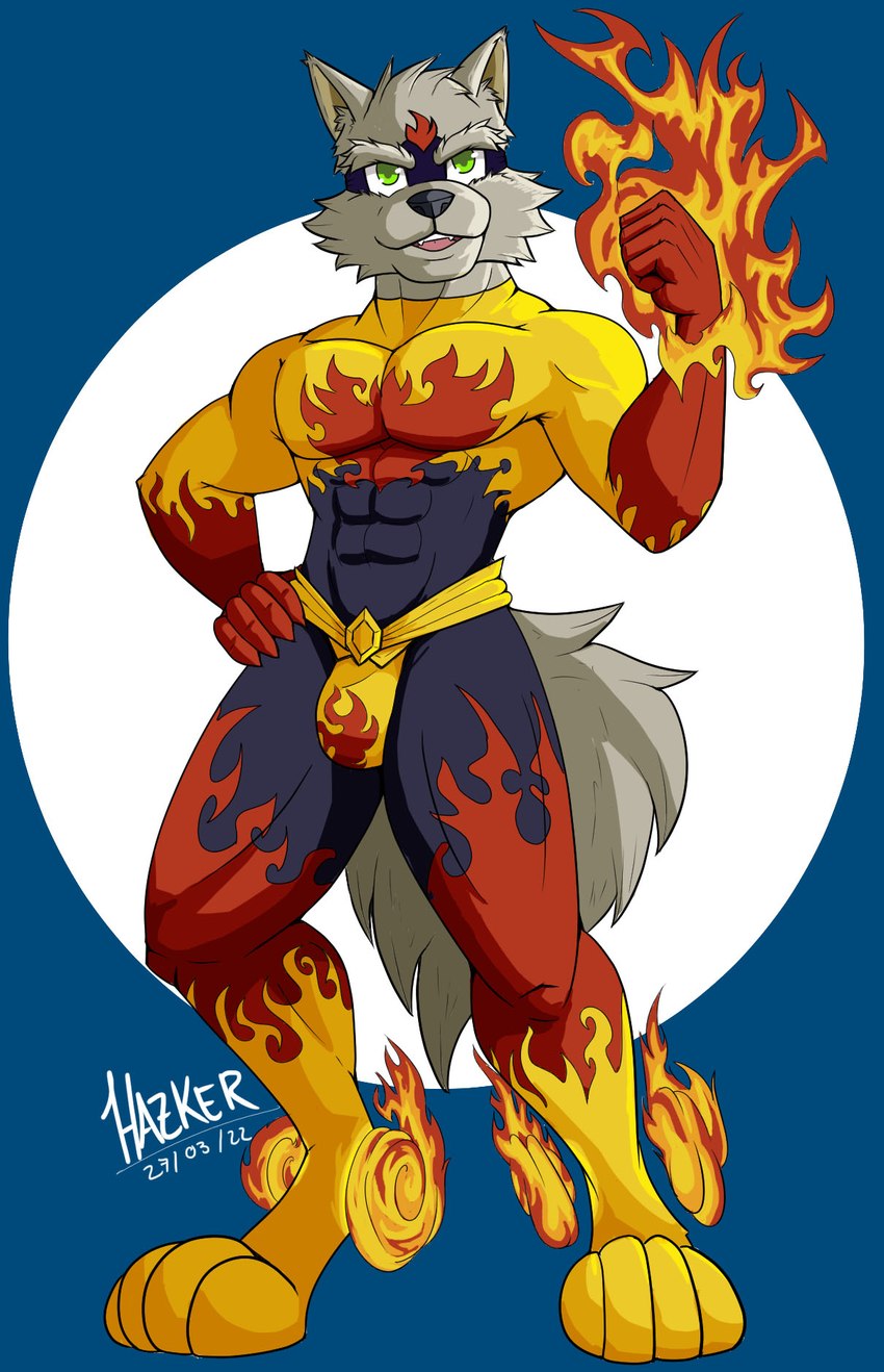 abs anthro bulge clothing costume fire fur green_eyes grey_body grey_fur male mask simple_background solo superhero hazker canid canine canis domestic_dog mammal hi_res