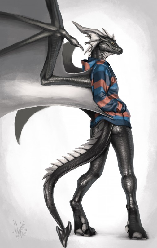 anthro biped black_body black_scales bottomless butt clothed clothing digitigrade fin furgonomic_topwear furgonomics grey_body grey_scales hoodie horn looking_at_viewer looking_back male membrane_(anatomy) membranous_wings multicolored_body multicolored_scales pose pupils rear_view scales simple_background slit_pupils solo spade_tail standing tail topwear two_tone_body two_tone_scales wings yellow_eyes khyaber mythology morghus dragon mythological_creature mythological_scalie scalie 2014 absurd_res digital_media_(artwork) hi_res