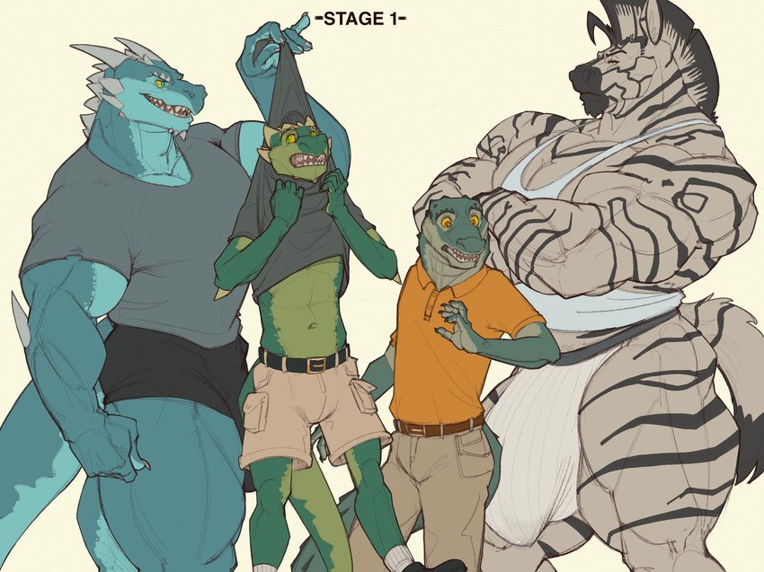 anthro arm_spikes belt big_muscles black_bottomwear black_clothing black_hair black_shorts black_snout black_stripes blue_body blue_eyes blue_scales bottomwear brown_belt brown_eyes bulge cargo_shorts claws clothing crossed_arms deltoids elbow_spikes facial_spikes finger_claws fur green_body green_eyes green_scales grey_clothing grey_shirt grey_topwear group hair head_spines holding_partner jockstrap khaki_pants larger_anthro larger_male male multicolored_hair muscular muscular_anthro muscular_male muscular_thighs orange_clothing orange_shirt orange_topwear polo_shirt scales sharp_teeth shirt shirt_pulled_up shorts size_difference skinny_anthro skinny_male smaller_anthro smaller_male spikes spikes_(anatomy) striped_body striped_fur stripes tail tank_top teeth thick_thighs topwear torn_clothing torn_sleeves two_tone_hair underwear white_body white_clothing white_fur white_hair white_jockstrap white_shirt white_tank_top white_topwear white_underwear yellow_sclera oldshep mythology conner_(oldshep) curtis_(oldshep) gareth_(oldshep) wayne_(oldshep) crocodile crocodilian dragon equid equine mammal mythological_creature mythological_scalie reptile scalie zebra 2024 hi_res