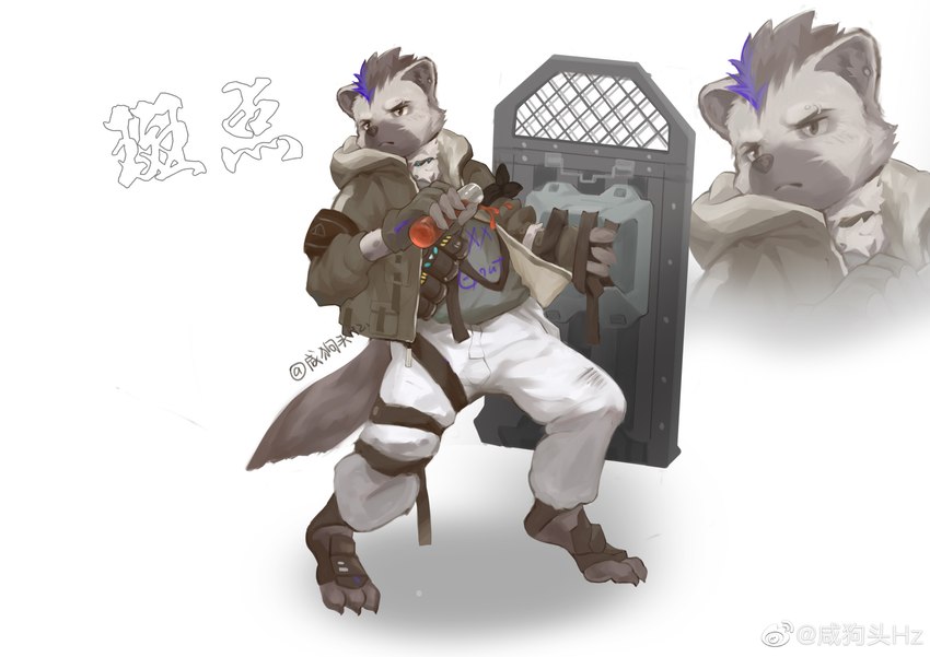 5_fingers anthro black_hair blue_hair clothed clothing ear_piercing eyebrow_piercing facial_piercing fingers fur grey_body grey_fur hair jacket male multicolored_body multicolored_fur multicolored_hair piercing riot_shield shirt simple_background solo t-shirt tail text topwear two_tone_body two_tone_fur two_tone_hair xxxiangout arknights hypergryph studio_montagne spot_(arknights) hyena mammal spotted_hyena 2021 absurd_res bust_portrait full-length_portrait hi_res portrait