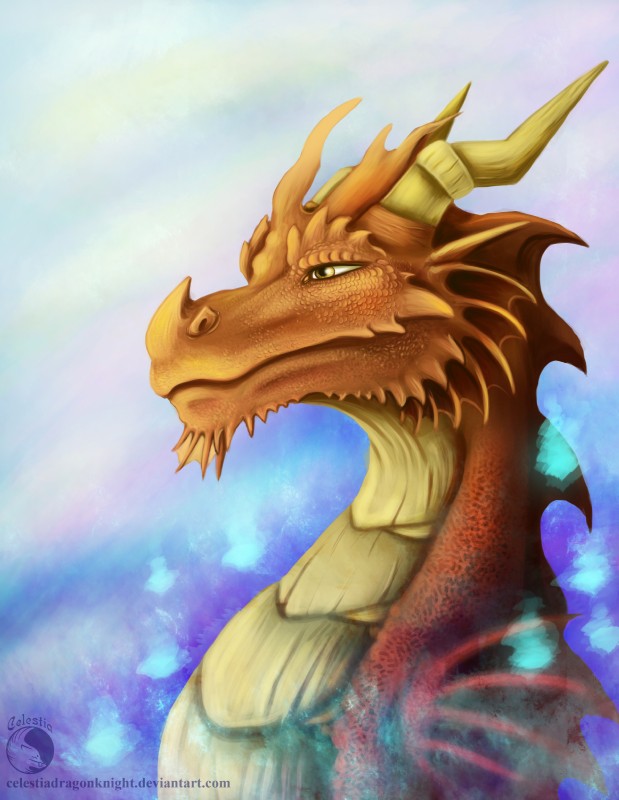 horn male orange_body orange_scales scales solo text wavy_horn yellow_eyes celestiadragonknight activision mythology spyro_the_dragon ignitus dragon mythological_creature mythological_scalie scalie absurd_res bust_portrait digital_media_(artwork) hi_res portrait url