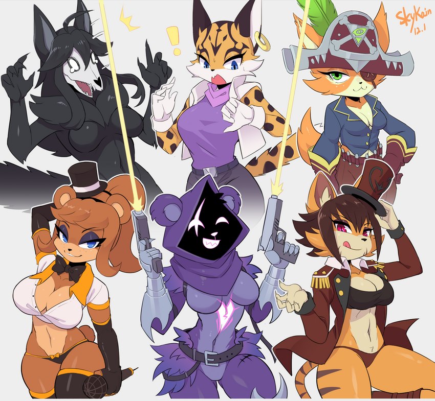 anthro armor bedroom_eyes belt big_breasts blue_eyes bodily_fluids bone bottomless bottomless_female bow_tie bra breasts brown_hair cleavage clothed clothing crop_top crossgender dual_wielding ear_piercing ear_ring electronics exclamation_point eye_patch eyewear featureless_breasts featureless_crotch female fully_clothed fur gauntlets glistening_eyelids gloves green_eyes group gun hair handgun handwear hat headgear headwear holding_gun holding_handgun holding_object holding_pistol holding_ranged_weapon holding_weapon hood jacket legwear licking licking_lips lidded_eyes markings medium_breasts microphone mtf_crossgender narrowed_eyes nude open_mouth panties piercing pistol purple_body purple_fur raised_tail ranged_weapon red_eyes ring_piercing seductive shadow_face shirt skimpy skull smile spots spotted_body spotted_fur startled surprise tail tears thigh_highs tongue tongue_out top_hat topwear underwear vest weapon skykain blizzard_entertainment epic_games five_nights_at_freddy's fortnite fredina's_nightclub hearthstone in_heat_(game) nintendo scottgames scp_foundation star_fox warcraft captain_eudora freddy_(fnaf) fredina_(cally3d) mal0 miyu_(star_fox) raven_team_leader sammy_(in_heat) scp-1471 scp-1471-a bear canid canine canis felid feline fox lynx mammal pantherine tiger vulpera wolf 2023 crossover digital_media_(artwork) hi_res