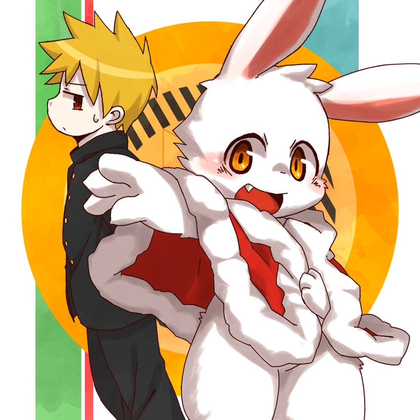 ambiguous_gender anthro cloak cloak_only clothing duo fur kemono male male/male simple_background teeth_showing white_body white_fur young young_ambiguous young_anthro young_human young_male a_(deleted_pixiv) ra_tenpu canid human mammal 1:1