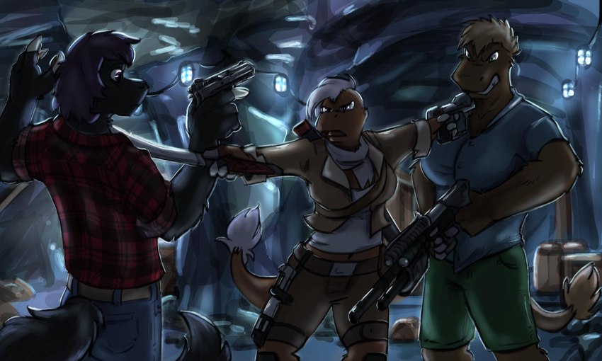 anthro bright_light cave detailed_background female flannel group gun hands_in_air male melee_weapon muscular muscular_female ranged_weapon scarf snarling standoff sword weapon crossroadspony raemyshu rvb_revolution agent_connecticut nelson_(rvb_revolution) tracer_(rvb_revolution) chupadore 5:3 hi_res